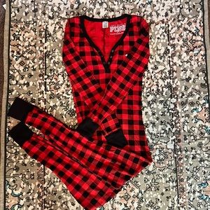 Victorias Secret Pink onesie pajamas in size XS. Red/black Buffalo check plaid.